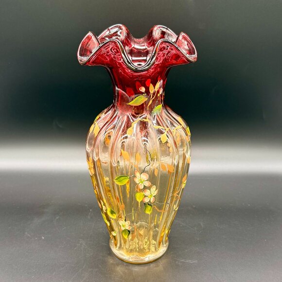 Vintage Fenton Art  Glass Tall Vase Signed by Artist Hand Painted Red and Amber - Picture 1 of 10